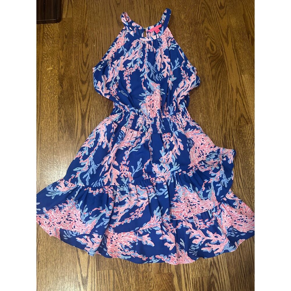 Lilly Pulitzer Size 8 Blue Pink Coral Reef Print Halter Midi Dress Tiered